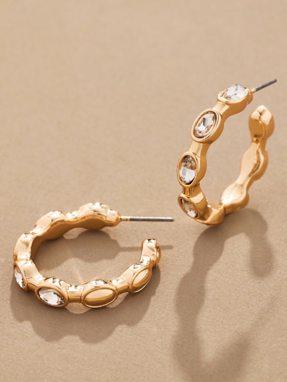 Gold Hoop Earrings with Clear Crystal Accents - Women's Jewelry